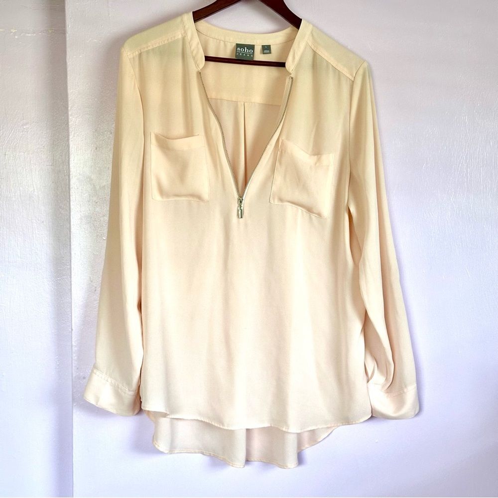 New York & Company Cream Long Sleeve Blouse with Mandarin Collar Sz Large